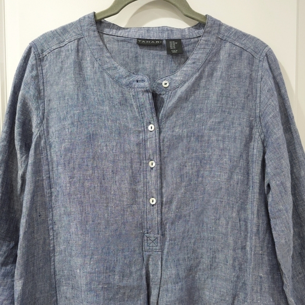 TAHARI 100 LINEN Blue Linen Tunic Dress, Henley 4 Button Placket, Pockets, XS - Picture 4 of 16
